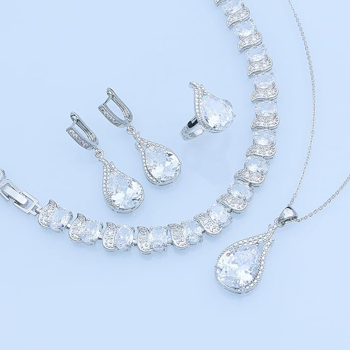 GZWHD Jewelry Set for Women CZ Earrings Necklace Ring Bracelet Set Prom Party Wedding Jewelry Gift for Mother Friend Wife