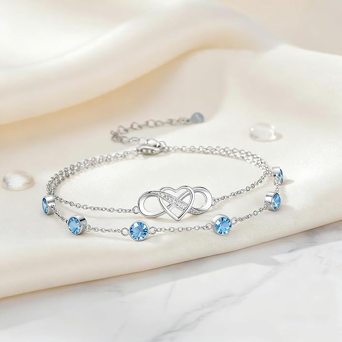 Prismata Infinity Birthstone Charm Link Bracelet 925 Sterling Silver Adjustable 12 Months Birthstone Infinity Bracelet Birthday Jewelry Gifts for Women Mom Her,with 7"+2" chain
