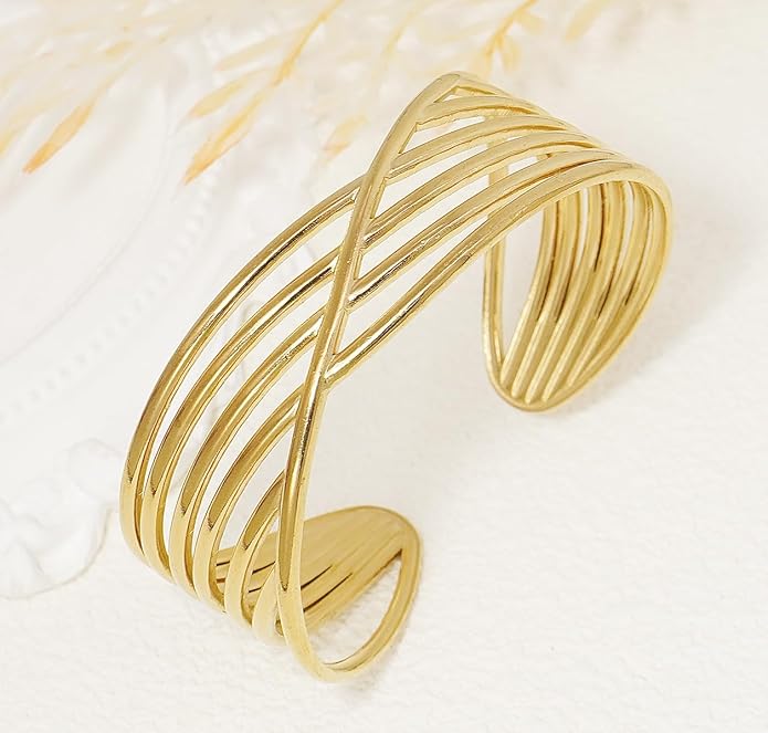 Multi-layer Cuff Bracelet for Women Cross Wire Bracelets Open Wide Cuff Gold Bangle Bracelet