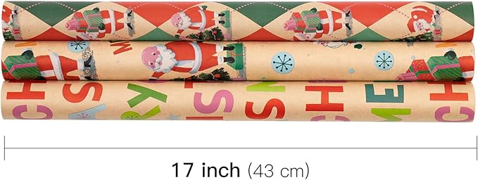RUSPEPA Christmas Wrapping Paper Roll Set, Mini Rolls, Vintage Santa, Merry Christmas Text and Holiday Scenes Design Gift Wrap for Kids, Adults and Holiday, 3 Rolls, 17 inches x 10 feet per Roll