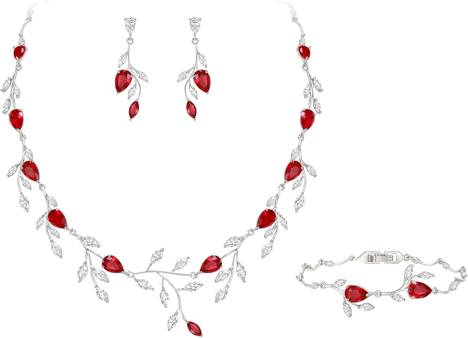 EVER FAITH Wedding Jewelry for Bride Women Bridesmaid, Sparkly Cubic Zirconia Pear-Shaped Birthstone Leaf Necklace Earrings Set for Prom
