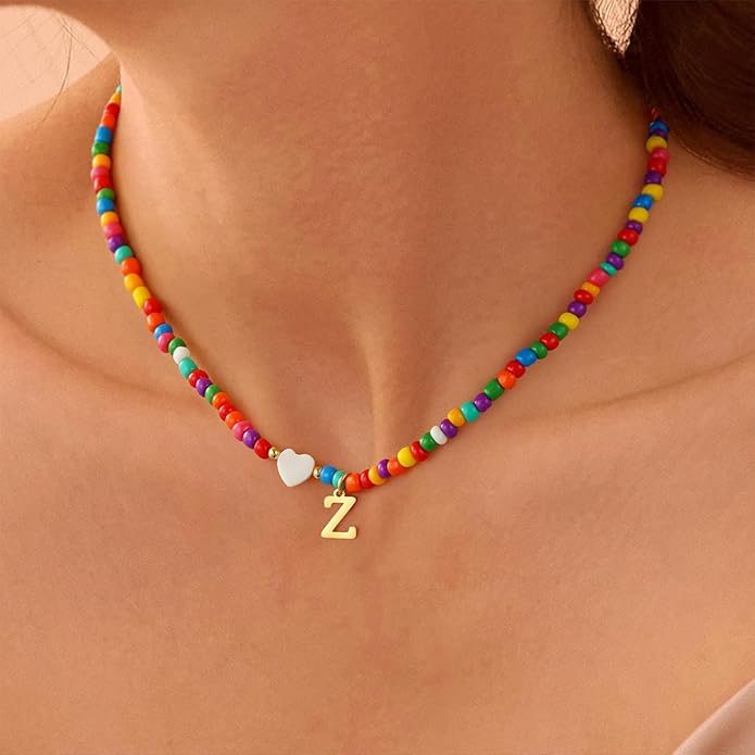 Valentines Day Gifts for Kids Women Girls - Colorful Beaded Initial Necklace Teen Girls Trendy Stuff Dainty Letter A-Z Choker Necklace Valentines Day Gifts for Her Mom Jewelry
