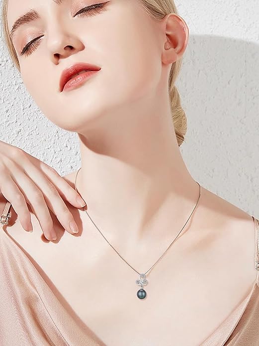 Tahitian Black Pearl 18K White Gold Plated Sterling Silver Heart/Infinity/Four Leaf Clover Pendant Necklace Jewelry Gifts for Women Wife Mom Girlfriend Wedding Birthday Anniversary Christmas