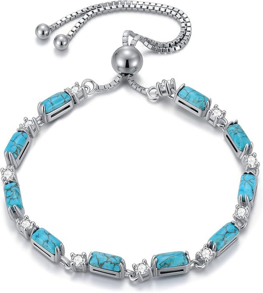 Genuine Turquoise Tennis Bracelet 925 Sterling Silver Adjustable Slider Bracelet Boho Jewelry Gifts for Women