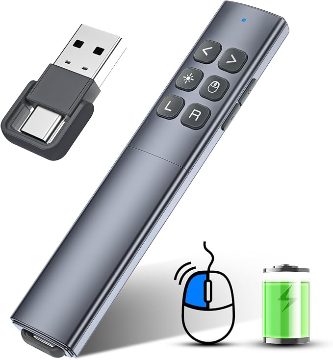 Presentation Clicker with Air Mouse - USB C Wireless Presenter Remote Clicker with Laser Pointer, RF 2.4GHz PowerPoint Clicker for Presentation, Computer Pointer Clicker Slide Advancer for Mac,Laptop