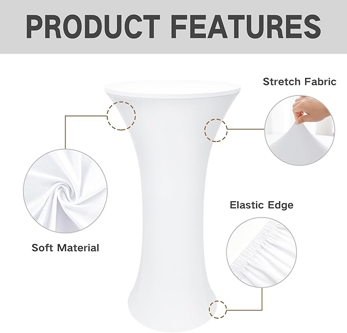 2PCS 24x43 Inch Round Fitted Cocktail Table Cover White Spandex Cocktail Table Cloth Highboy Fitted Tablecloth High Top Table Cloths for Party Pub Banquet Bistro