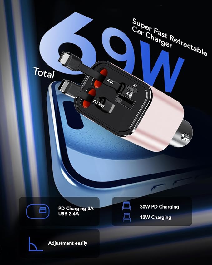 Retractable Car Charger, 4 in 1 Fast Car Phone Charger 69W, 2 Retractable Cables and 2 USB Port, Compatible with iPhone 16/15/14/13/12/11,Galaxy,Pixel