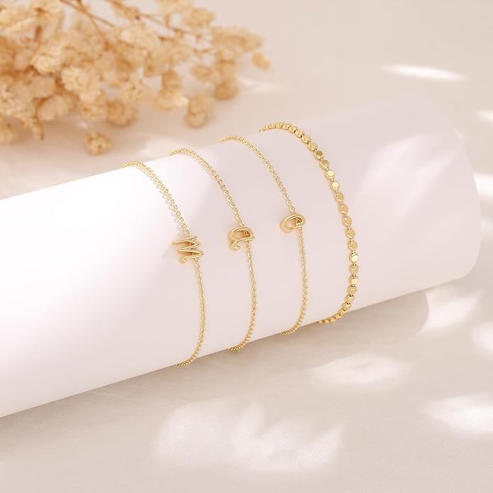 Initial Bracelets for Women, Dainty 14K Gold Plated Layered Letter Bracelet, Trendy Charm Stackable Jewelry Valentines Day Gift for Her