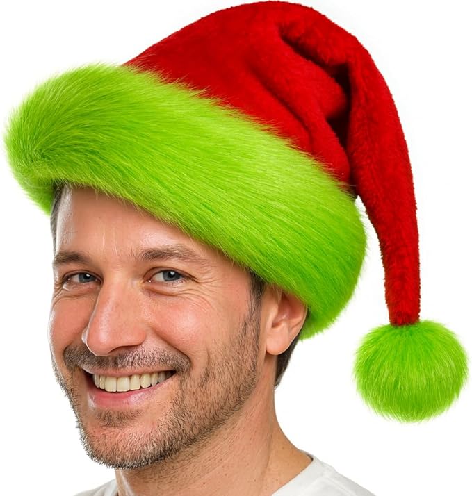 Funny Santa Hat for Adults – Soft Plush Red and Green Christmas Hat for Men and Women – Cozy Holiday Party Headwear