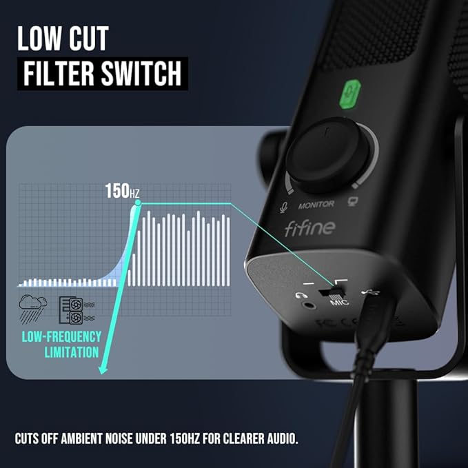 FIFINE USB-Podcast-Condenser-Microphone for Studio-Recording/Computer-Streaming, Desktop-Metal-Mic for YouTube Music Vocal Creation, with Monitor-Mix Volume-Control, Low-Cut Switch (PROFILE3)