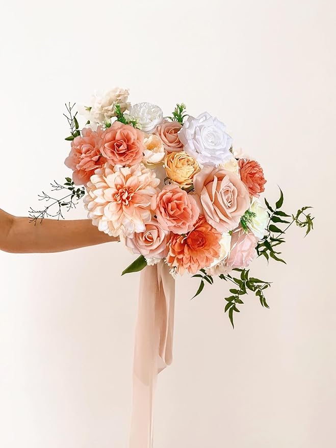 Roses Artificial Flowers Orange Fake Flower with Stems for DIY Wedding Bouquets Bridal Baby Shower Centerpiece Table Decorations Silk Faux Floral Arrangements for Party Home Decor Indoor Peach
