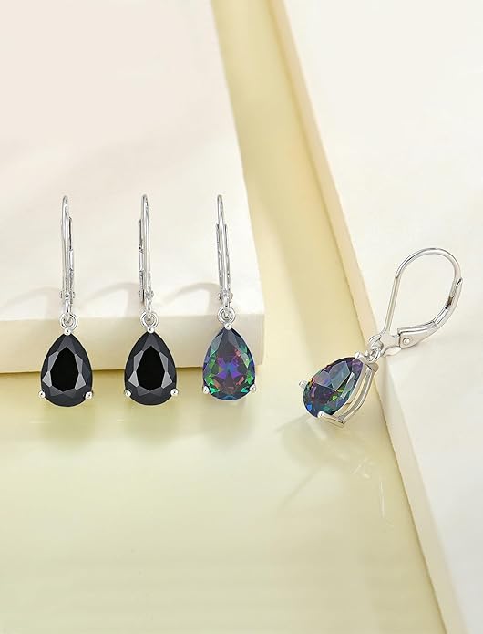 YL 925 Sterling Silver Teardrop Dangle Drop Earrings for Women 7x10 MM Solitaire Birthstone Leverback Jewelry