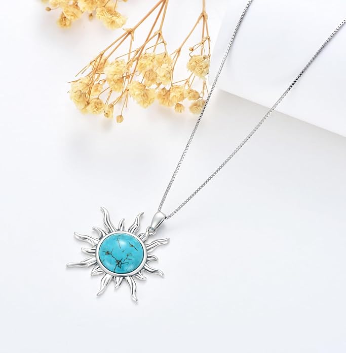 Genuine Sun Turquoise Jewelry Set for Women, Sterling Silver Native American Neckace and Dangle Earings Western Jewelry Birthdays Gift