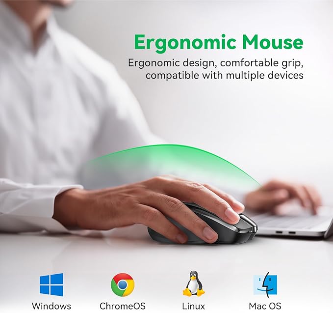 Bluetooth Mouse (BT5.0/3.0 & 2.4G) Rechargeable Wireless Mouse, 4800 DPI Optical Tracking, 6 Adjustable DPI, 2.4GHz with USB A Receiver, Quiet Clicks, Ergonomic Grips, 6 Buttons - Black