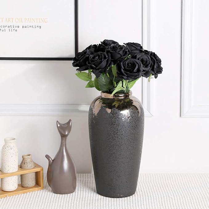 Tifuly 50 Pcs Black Roses Artificial Flowers Bulk,Realistic Long Stem Fake Silk Roses for Wedding Centerpiece Table Vases Party Home Kitchen DIY Bouquets Decor