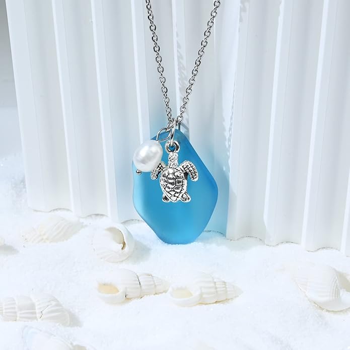 Sea Glass Necklace, Wire Wrapped Beach Necklaces, Sea Glass Jewelry, Handmade Blue Beach Jewelry for Women Trendy