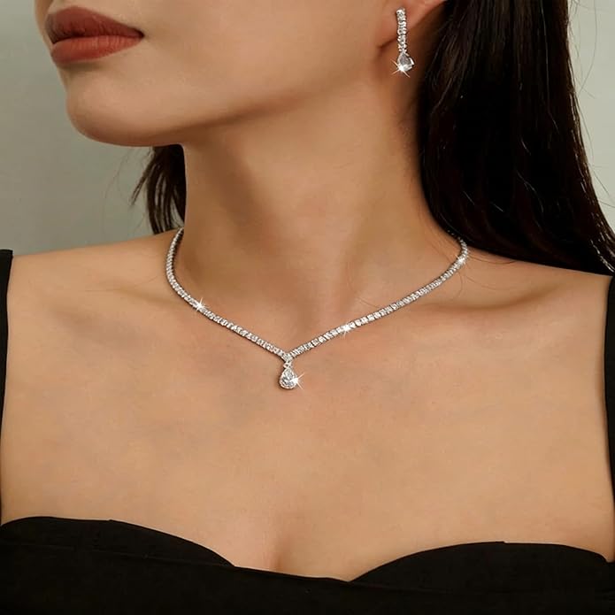 STONEFANS Costume Jewelry for Women - Silver Rhinestone Necklace And Earring Sets for Women Bridesmaid Wedding Jewelry Sets for Brides Wedding Accessories Necklace And Earring Set