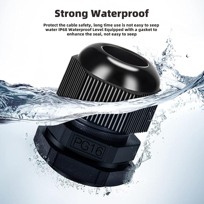 Nylon Cable Gland Kit, CGELE 50 Pack Plastic Waterproof Adjustable Connector 3-16mm Strain Relief Cord Connectors Joints Nylon with Gaskets PG7 PG9 PG11 PG13.5 PG16 PG19