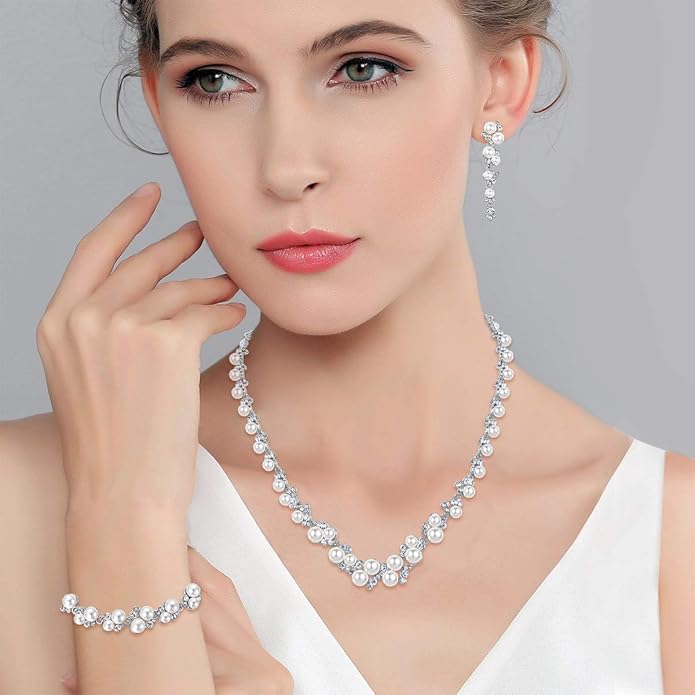 EVER FAITH Simulated Pearl Crystal Bridal Necklace Earrings Bracelet Set Clear