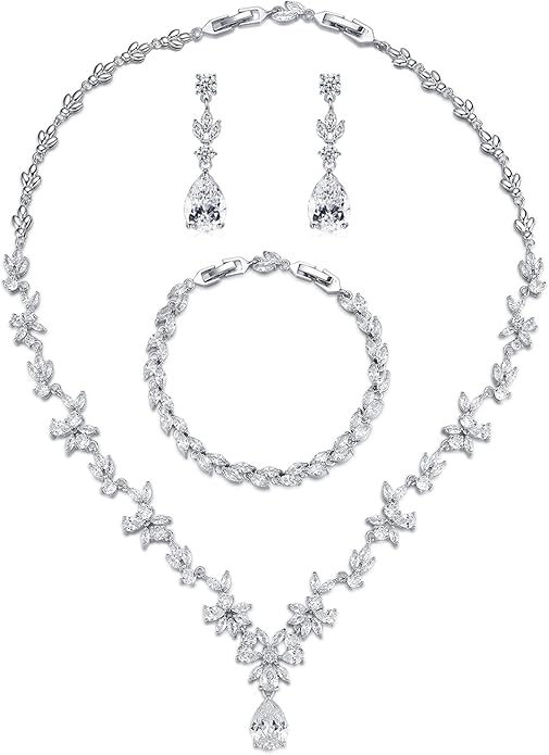 Wedding Jewelry for Bride, Silver Bridal Necklace Earrings Bracelet Set with Clear Cubic Zirconia, Bridemaids Jewelry Set for Wedding, Crystal Wedding Party Jewelry Set for Women Girls