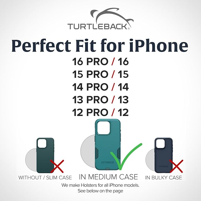 Turtleback Belt Clip for iPhone 16 Pro, 16e, 15 pro 14 Pro 13 Pro -Medium- Fits w/Shockproof Commuter Style Cases, Premium Black Leather, Vertical Belt Holder, Magnetic Closure HD Rotating Clip