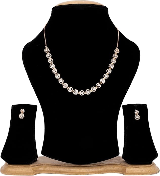 Nilu's Collection American Diamond Stone Studded | Rose Gold/Silver Plated | Anti Tarnish Jewellery Set for Women | Matching Earrings Perfect for Weddings and Special Occasions
