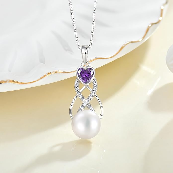 Pearl Earrings Necklace Jewelry Set for Women 925 Sterling Silver Heart Amethyst Freshwater Pearl Jewelry