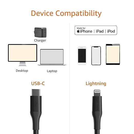 Amazon Basics USB-2.0 Type C to Lightning Cable (MFi Certified), 10 ft, Black