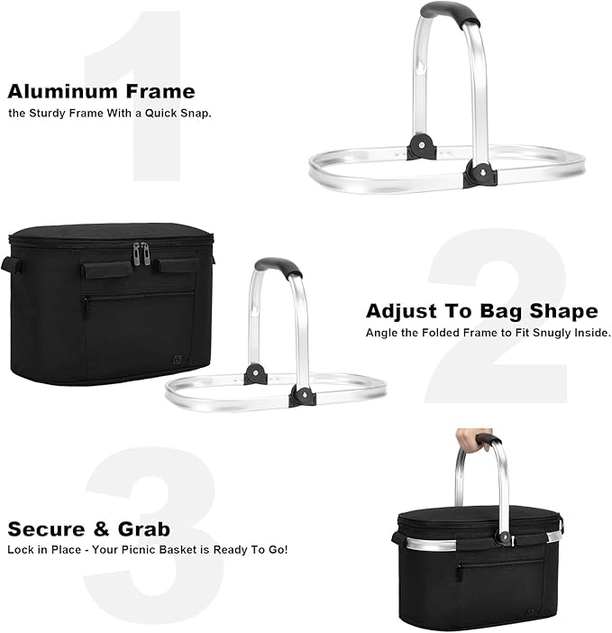 ALLCAMP Picnic Basket - Insulated Cooler, Thickening Foldable Picnic Basket with Removable Baskets & Sewn-in Frame, Basket for House Warming Gifts New Home(Jet Black)