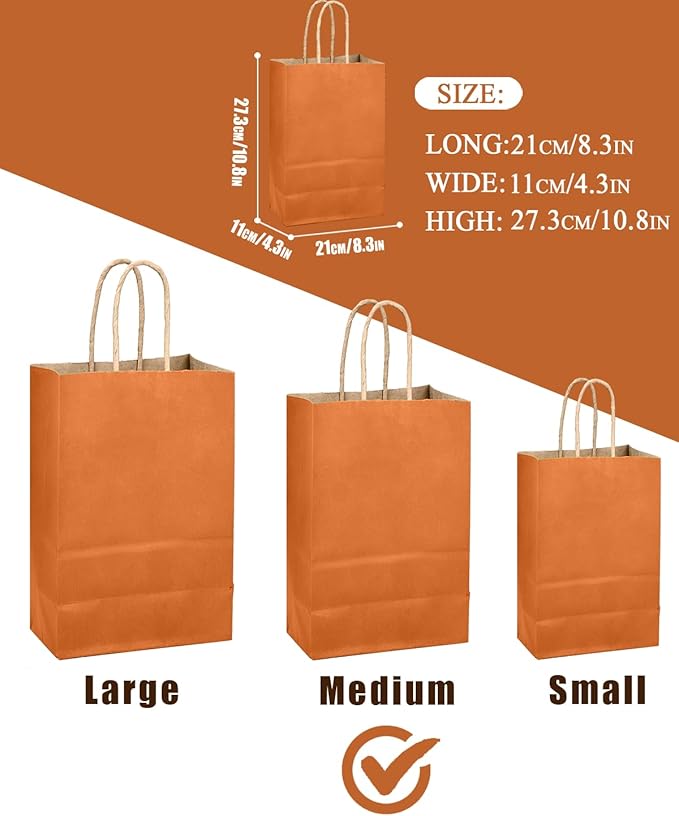 qiqee Classic Orange Gift Bag with Handles Bulk 24Pcs Paper Bags -10.6"x8.3"x4.3"Party Favor Bags - Solid Color