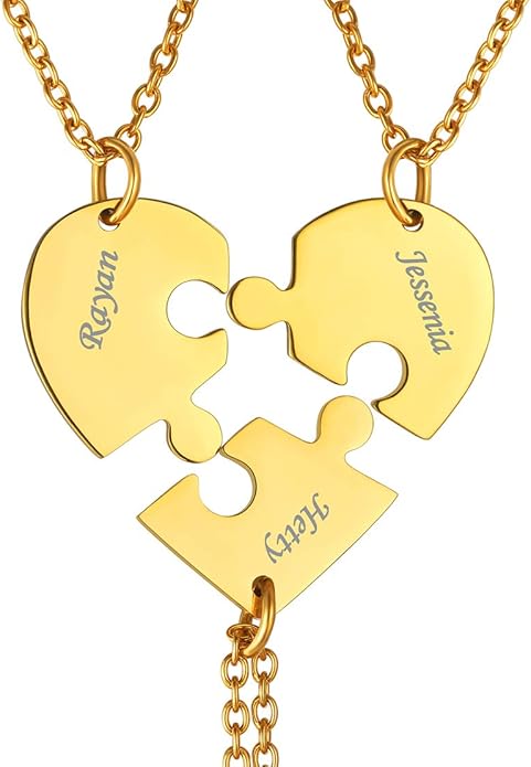 FindChic Personalized Matching BFF Necklace for 2/3/4/5/6 Puzzle Name Heart Pendant Stainless Steel Couple Necklace Set Customized Necklaces for Teen Girls