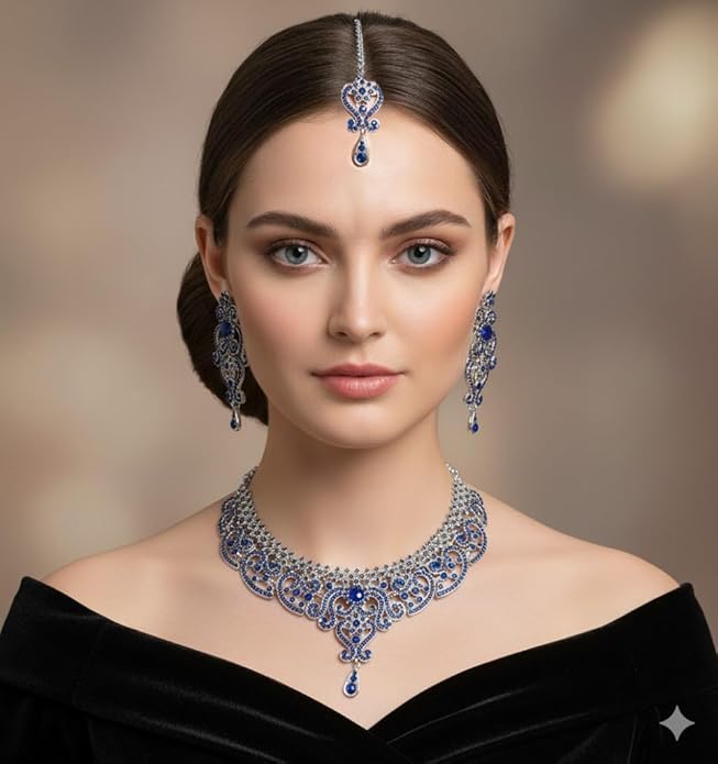 Touchstone Indian jewelry set for women bollywood gold jewellery wedding outfits necklace sets earrings bridal maang tikka fancy costume girls big desi accessories rhinestone in gold or silver tone