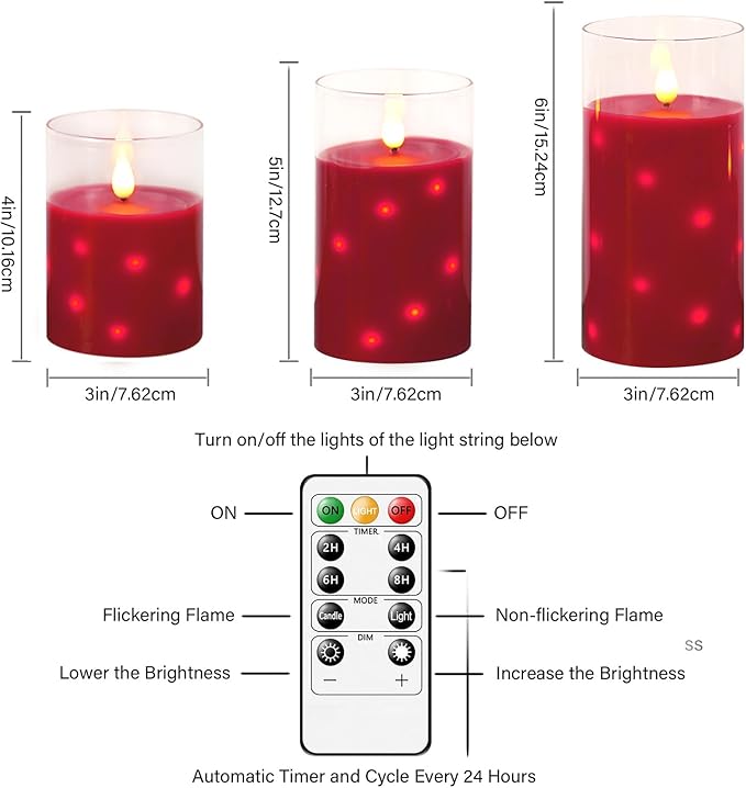 Real Wax Flameless Candles Glass,Battery Operated LED Candles with Flickering Flame,Glass Shell,Interior Star Light Decoration Set of 3 Red (D3×H 4" 5" 6") for Home Decor,Holiday Decoration
