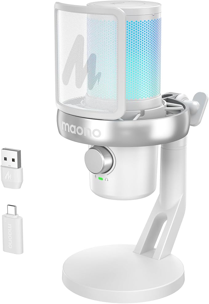 MAONO Wireless Microphone for PC, Condenser USB Mic with Software AI Voice Change,3-Level Noise Cancellation,Custom EQ, RGB Gaming Streaming Mic for Podcast PS5 PS4 Twitch YouTube (DM40 Pro-White)