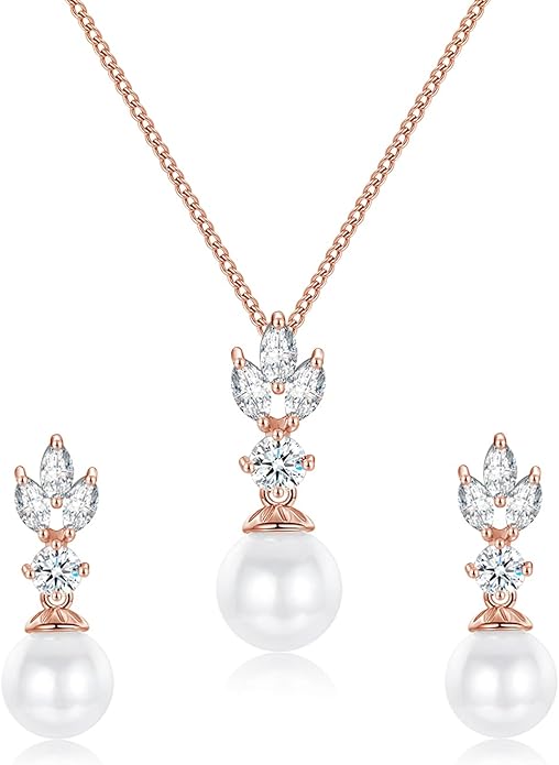 Wedding Jewelry for Bride Bridesmaid, Pearl Dangle Earrings and Pendant Necklace Set Bridal Jewelry for Promise Wedding Party