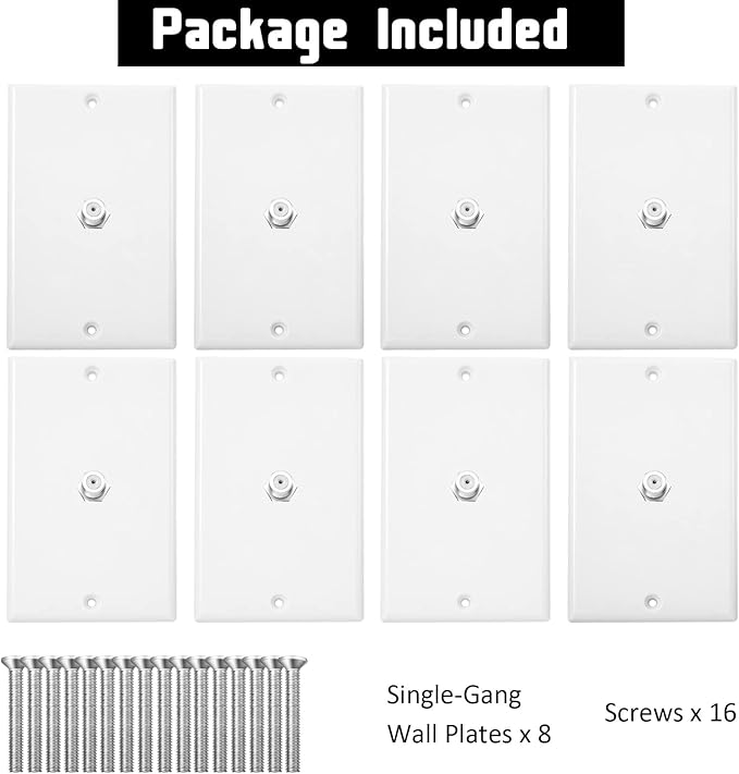 1-Port TV Cable Wall Jack F Connector Coax Video Jack Single Gang Wall Plates (White, 8 Pcs)