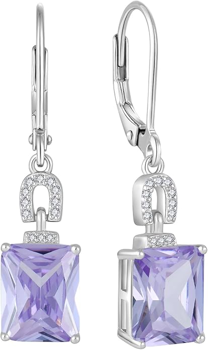 Emerald Cut Earrings 925 Sterling Silver Baguette Birthstone Dangle Drop Leverback Earrings Jewelry Gifts for Women