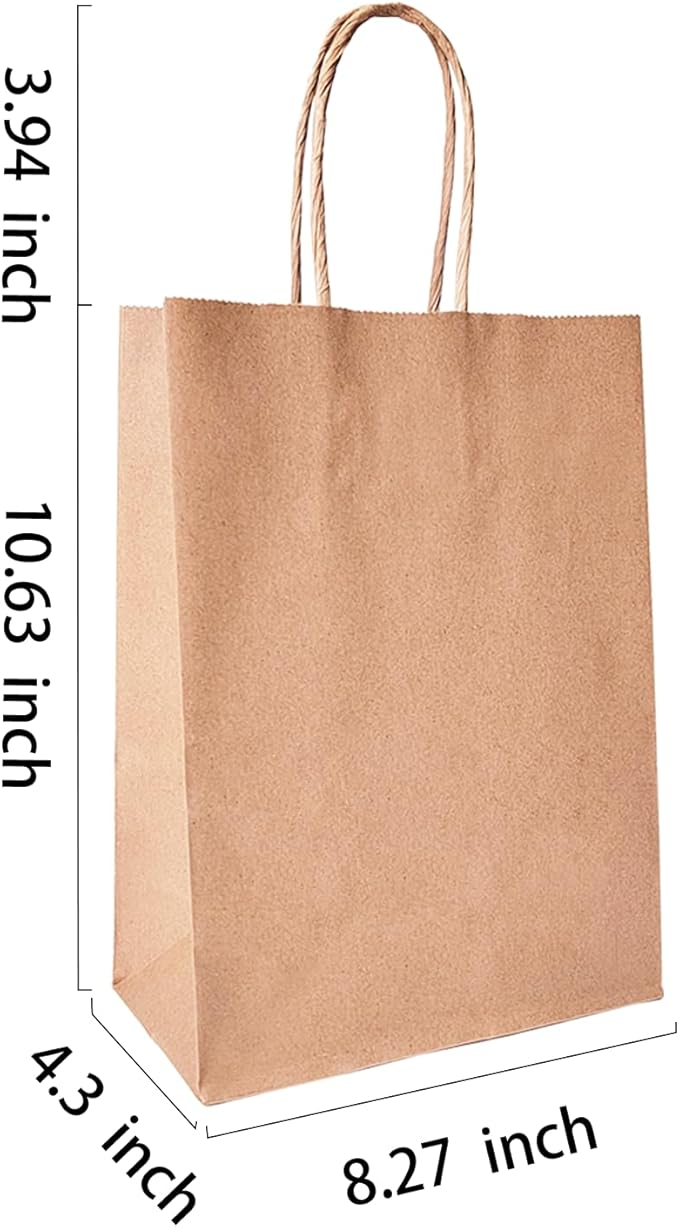 BAG BOX 25 Pcs Medium 8.25x4.3x10.6 Inch Brown Kraft Paper Gift Bags with Handles for Bulk Wedding, Party Favors, Grocery, Shopping, Retail Merchandise, Gift Sacks
