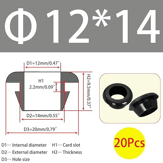 Qrity 20 PCS Rubber Grommets Cable Railing, Car Grommet, Cable Railing Protective Sleeves for Metal Posts, ID 12mm Mount Dia 14mm