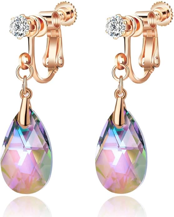 Teardrop Austrian Crystal Drop Clip On Dangle Earrings for Women Non Pierced 14K Rose Gold Plated Hypoallergenic Jewelry