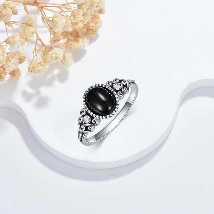 925 Sterling Silver Oxidized Black Onyx Rings for Women - Round & Heart 9mm Onyx Vintage Retro Design, Ideal for Daily Wear