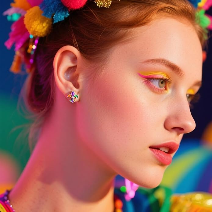 MardiGras Stud Earrings for Women Glitter Delicate Compact Flower Mask Hat Lips Stud Earring Charm Green Purple Gold Carnival Earring Cute MardiGras Jewelry Accessories for Women
