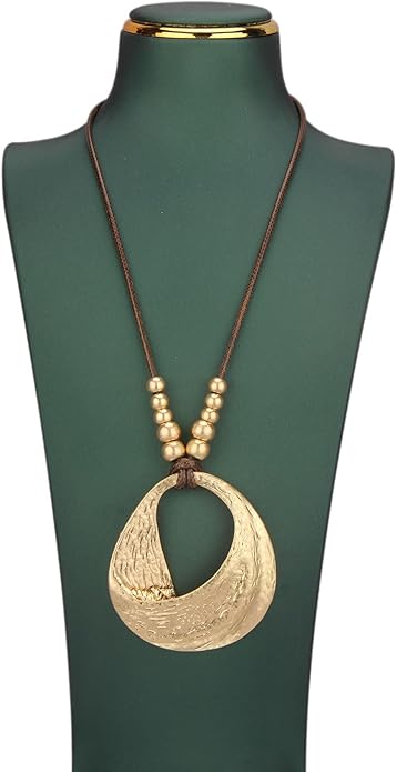 Boho Leather Necklace Women Bohemian Brown Circle Pendant Necklace Choker Long Necklaces for Women Boho Ring Large Pendant