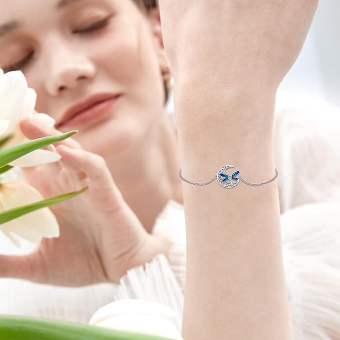 Dragonfly Bracelet 925 Sterling Silver Butterfly Bracelet Adjustable Celtic Moon Bracelet Irish Celtic Jewelry Gifts for Women