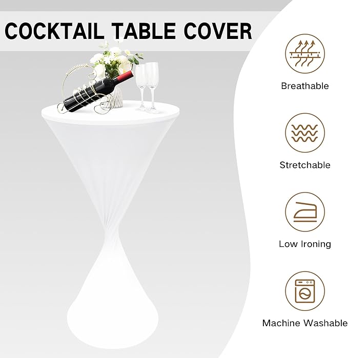 2PCS 24x43 Inch Round Fitted Cocktail Table Cover White Spandex Cocktail Table Cloth Highboy Fitted Tablecloth High Top Table Cloths for Party Pub Banquet Bistro