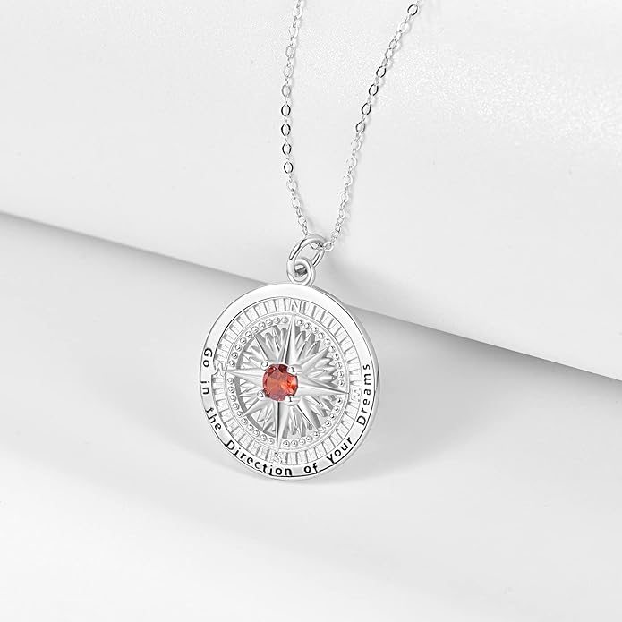 KINGWHYTE Graduation Gifts Birthstone Necklace for Women 925 Sterling Silver Compass Pendant Go in the Direction of your Dream Travel Jewelry Birthday Gift for Her
