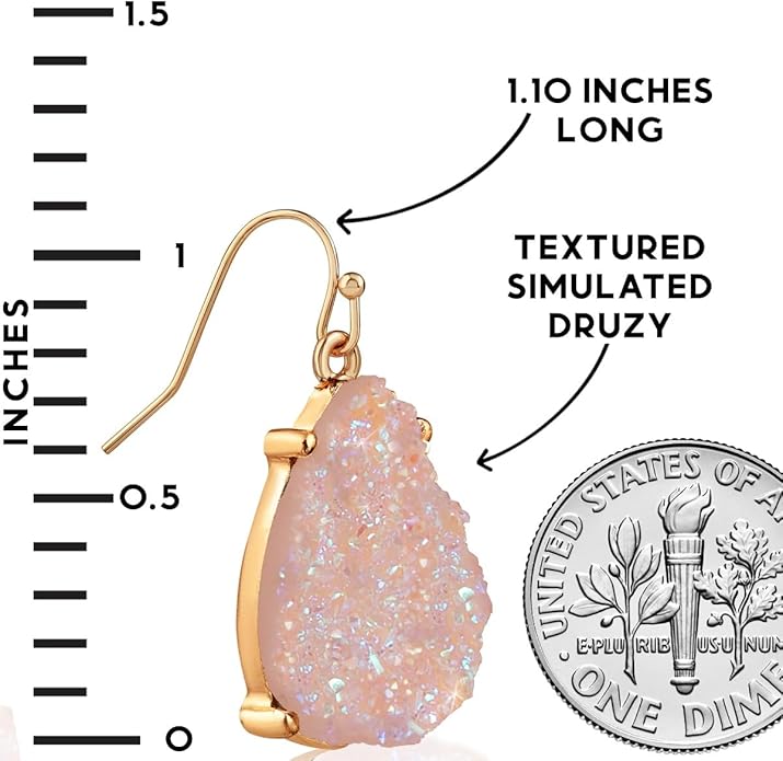 Teardrop Dangle Earrings for Women with Simulated Druzy Stones in Gold or Silver Tone