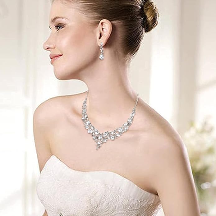 3/4 Pieces Women Jewelry Set Artificial Rhinestone Crystal Bride Statement Choker Necklace Tiara Crown Link Bangle Bracelet Teardrop Dangle Earrings Set