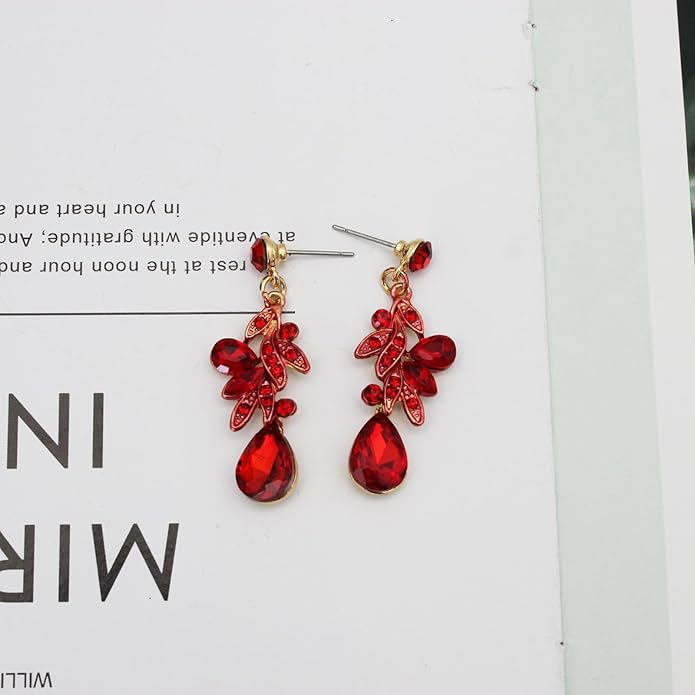Wedding Leaf Flower Crystal Teardrop Pendant Necklace Dangle Earrings Stretch Bracelet Jewelry Set for Women Bridal Party Prom