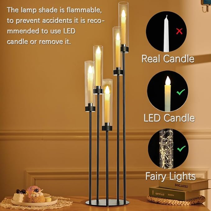 39.8''Matte Black Candle Holder with Acrylic Shades Tall 5 Arm Candelabra Black Table Centerpiece 2PCS for Wedding Living Dining Room Fireplace Decoration Fit 0.98''LED Taper Candle